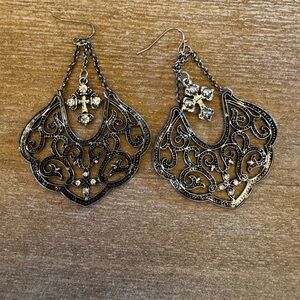 Ornate Silver and Gold Cross Earrings